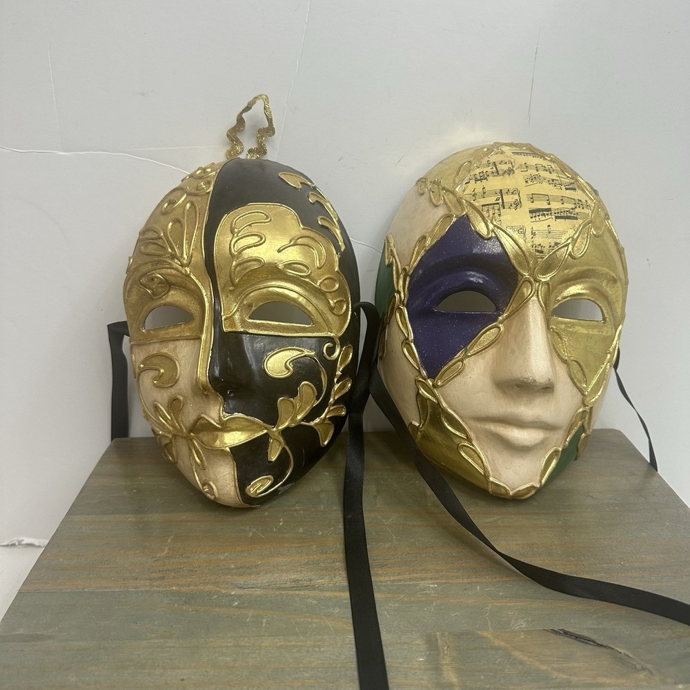 Lot Of 2 Venetian Mardi Gras‎ Mask MASQUERADE CARNIVAL PARTY Gold Hand Painted